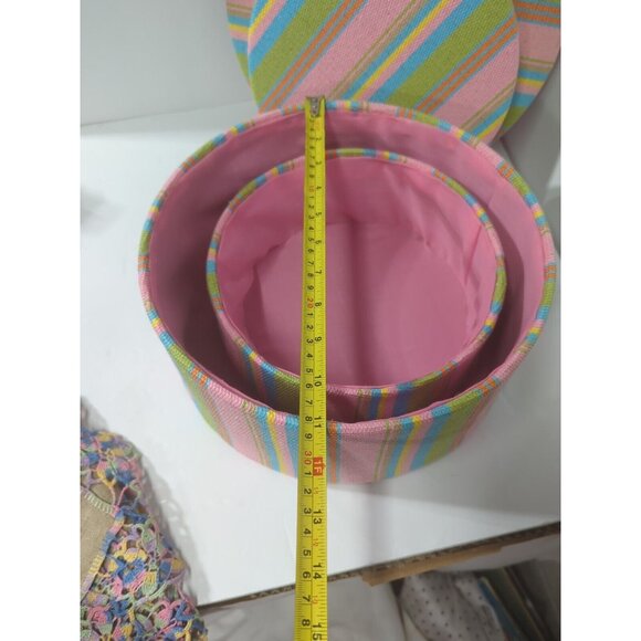 Set/ 2 Nesting Boxes Fabric Covered Round Stripe Pink Lime Aqua Yellow - Picture 4 of 13